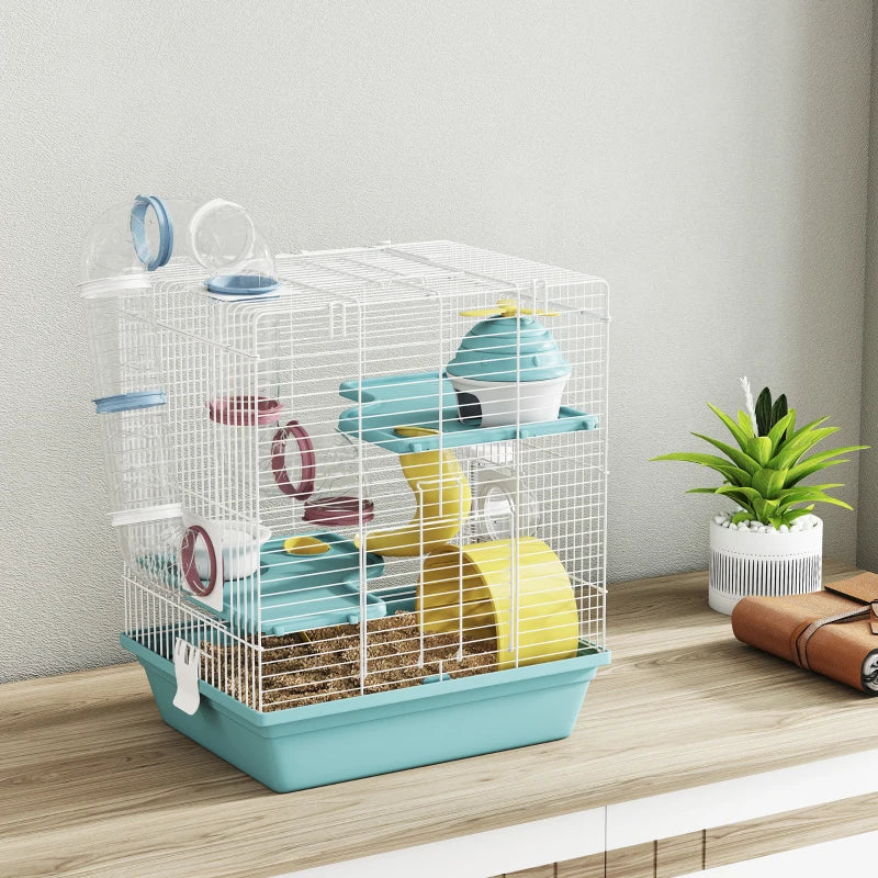 3-Level Hamster Cage with Exercise Wheel, Play Tube, Water Bottle, Food Dish, Hut, Ladder, Blue