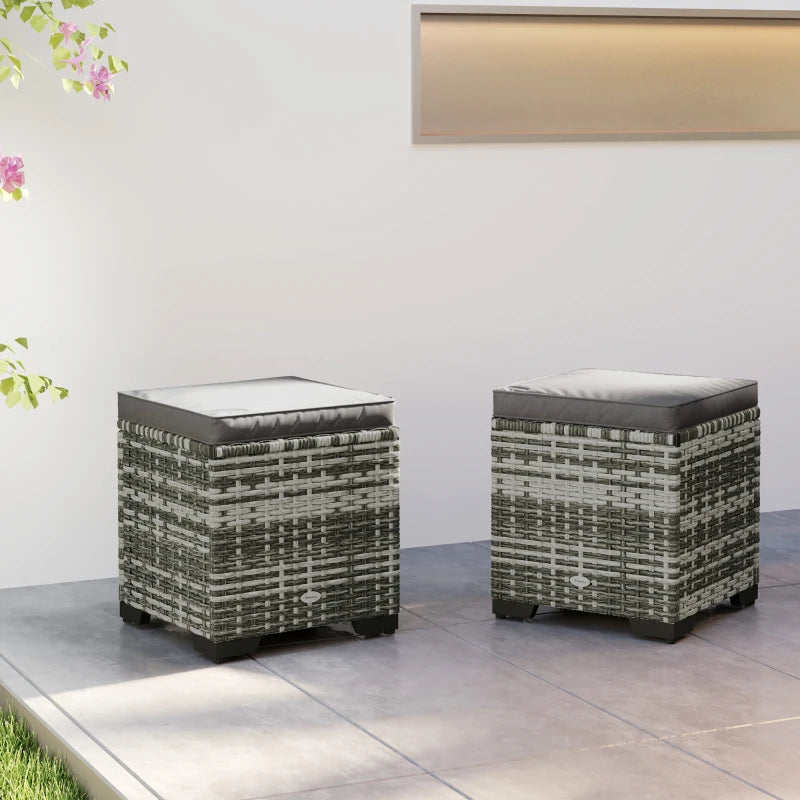 Set of 2 Wicker Ottoman, Outdoor Footstool with Storage & Removable Cushions for Poolside, Patio, Deck, Grey