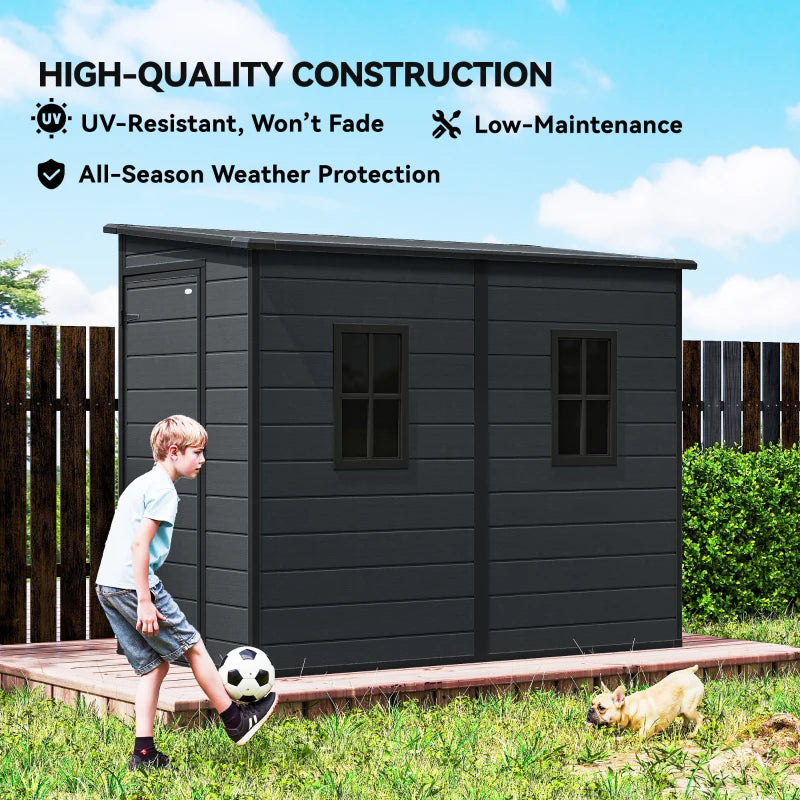 4.3' x 8' Outdoor Storage Shed with Floor, Garden Shed with Lockable Doors and Windows, Dark Grey