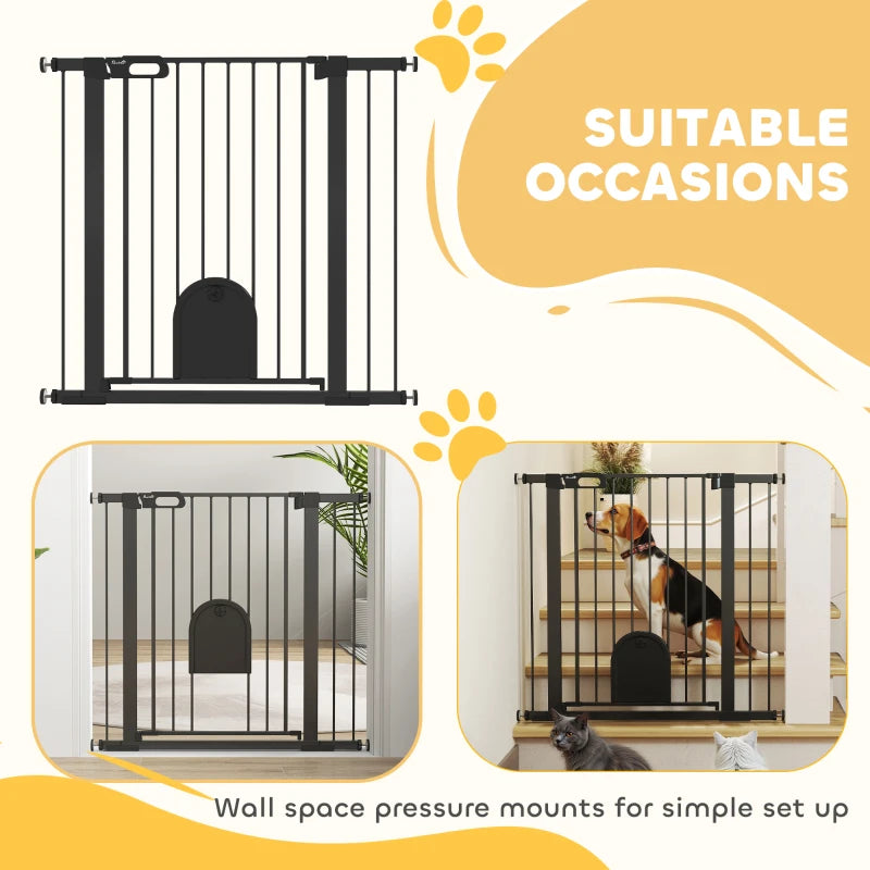 30"-41" Extra Wide Pet Gate Barrier with Small Door, 35"H Dog Gate with Safety Gate Barrier, Stair Pressure Fit, Black