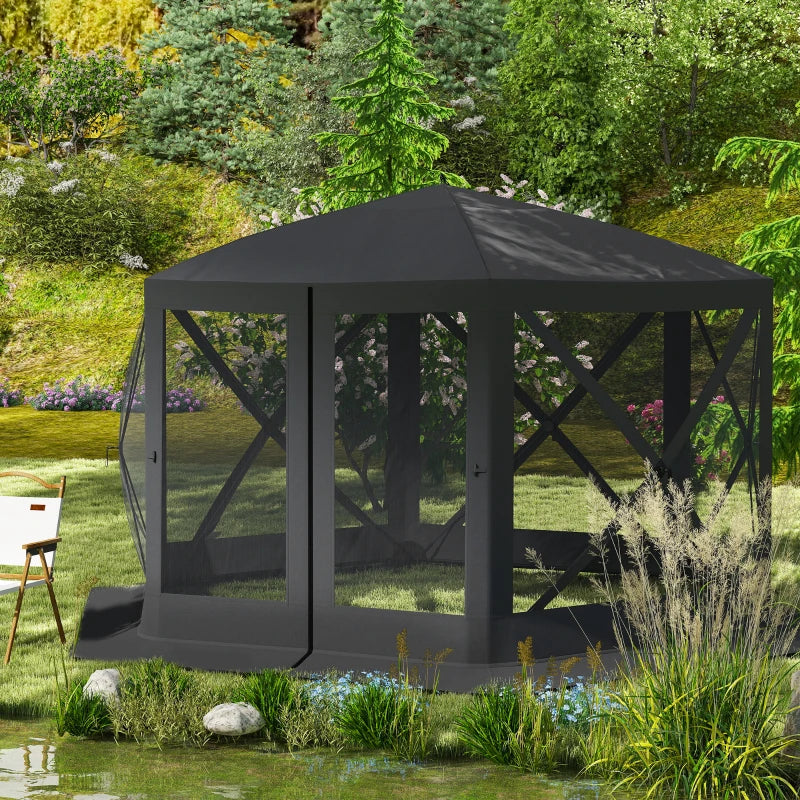12' x 12' Hexagon Automatic Pop Up Screen Tents, Camping Shelter w/ Mesh Sidewalls and Carry Bag Black
