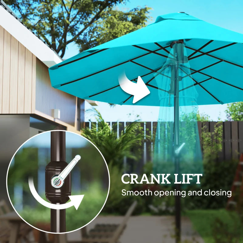 15' Outdoor Patio Umbrella with Twin Canopy Sunshade Steel Table Umbrella w/ Lift Crank, Cross base, Sandbag, Light Blue