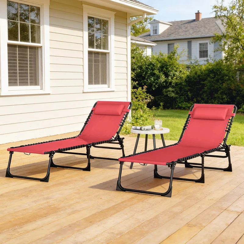 2 PCs Folding Lounge Chairs, Adjustable Chaise Lounge with Headrest, Reclining Lounger Cot for Camping, Hiking, Wine Red