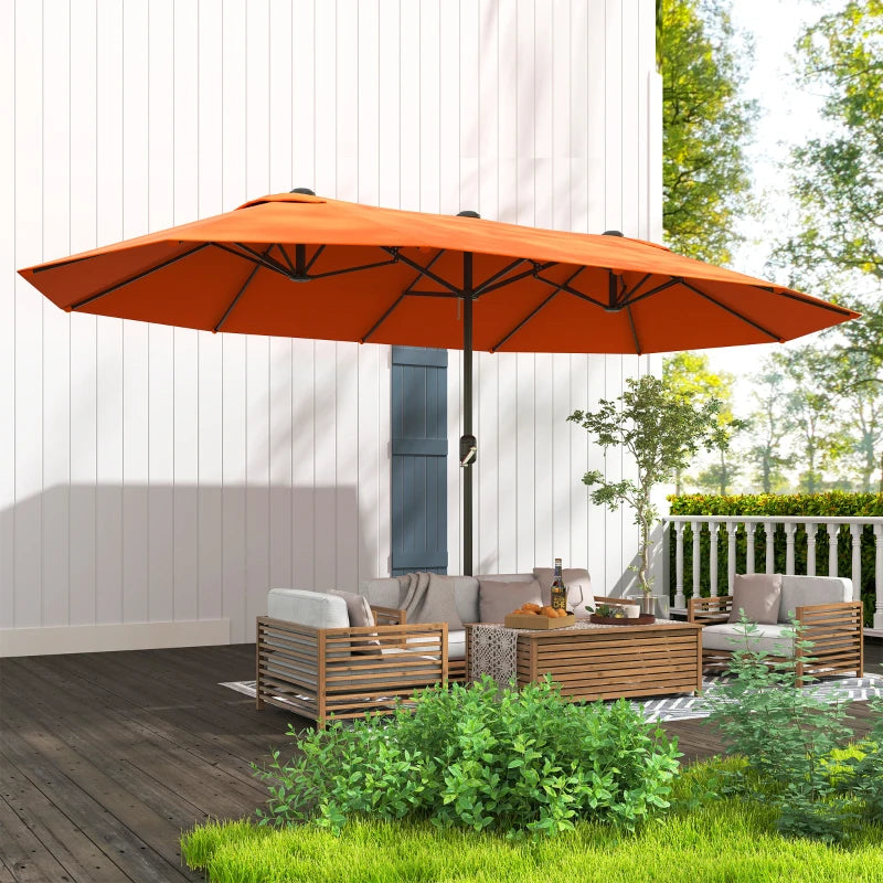 15' Outdoor Patio Umbrella with Twin Canopy Sunshade Steel Table Umbrella with Lift Crank Orange