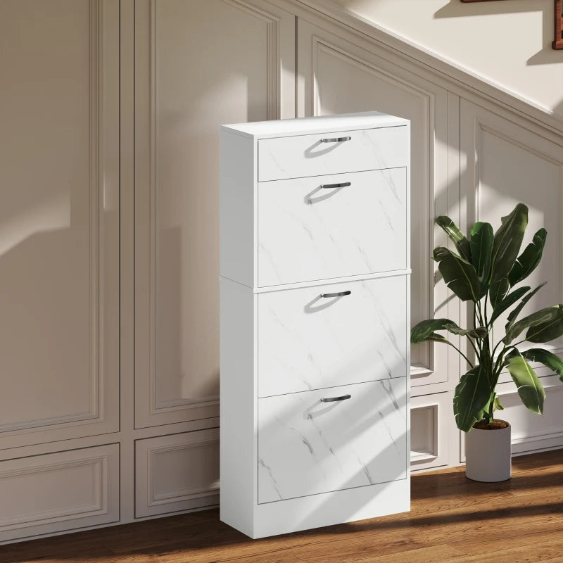 3 Flip Drawer Shoe Cabinet, Marble-Effect Narrow Shoe Storage Cabinet with Top Drawer and Adjustable Shelves, White