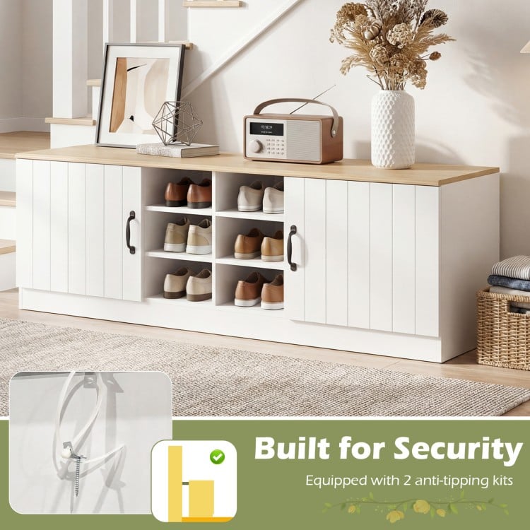 2-Door Shoe Bench Storage Cabinet with Adjustable Shelves-Natural