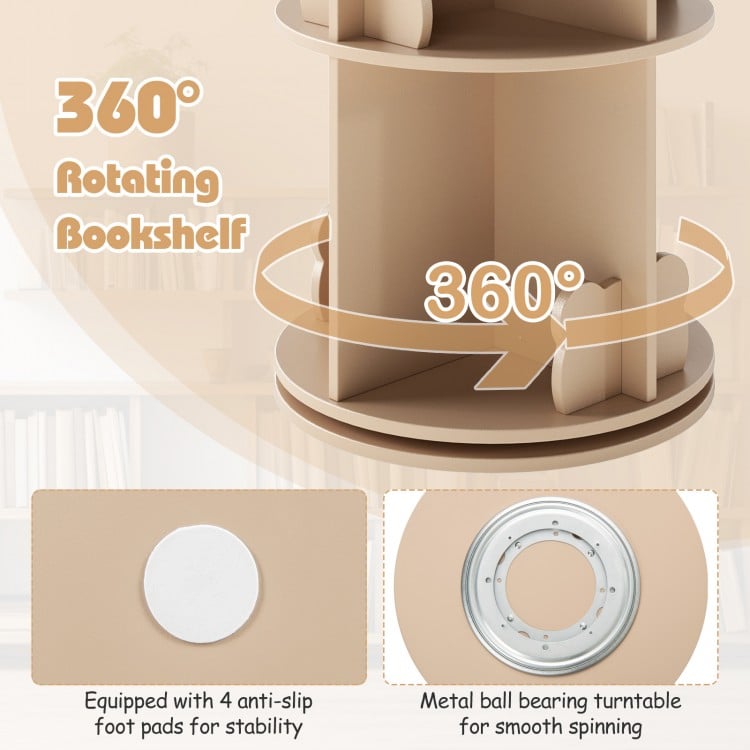 2 Tier Freestanding Kids Rotating Bookshelf Storage Rack with Bear Baffles-Natural