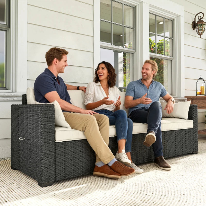 3 Seater Wicker Patio Sofa with Side Trays, Outdoor Couch with 6" Thick Back Cushions, Deep Seating, Cream White
