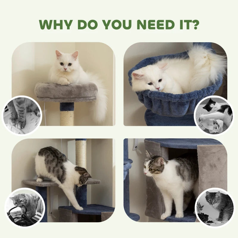 48" Modern Cat Tree with Condo, Hammock, Perch, Sisal Scratching Posts, Toy Ball, for Indoor Cats, Blue and Grey