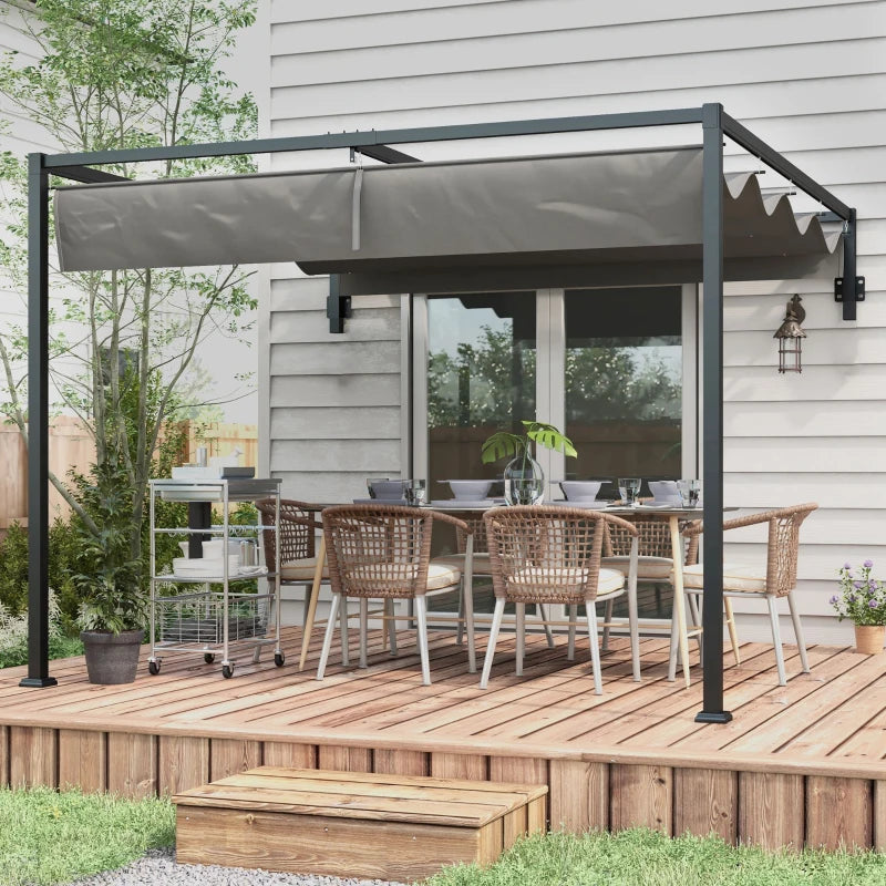 10' x 7' Lean To Pergola, Metal Pergola with Retractable Roof for Grill, Garden, Patio, Deck