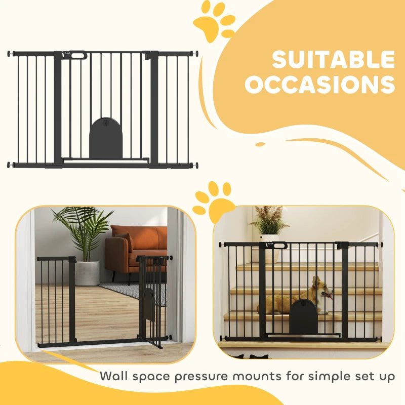 30"-52" Extra Wide Pet Gate Barrier with Small Door, 30"H Dog Gate with Safety Gate Barrier, Stair Pressure Fit, Black