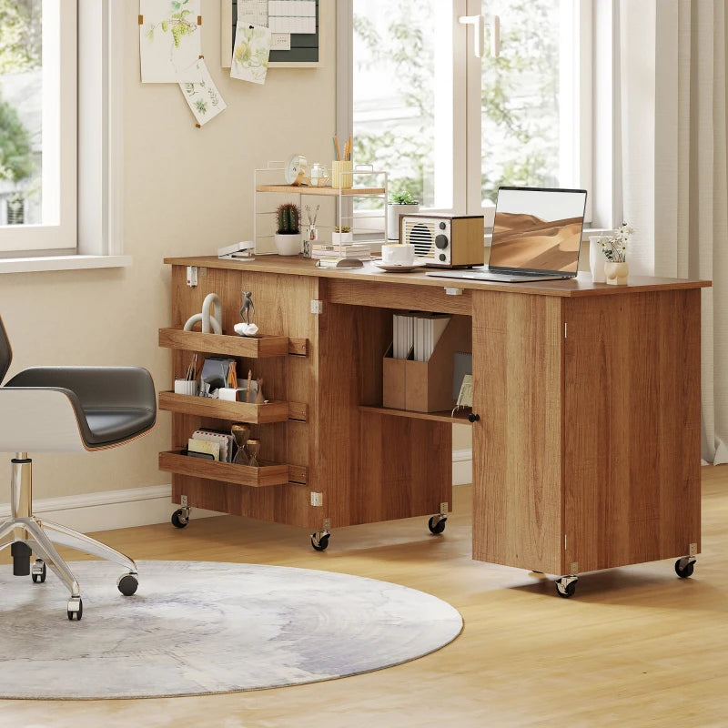 Sewing Machine Table with Drop Leaf, Folding Craft Table with 2 Doors and Adjustable Shelf for Small Spaces, Brown