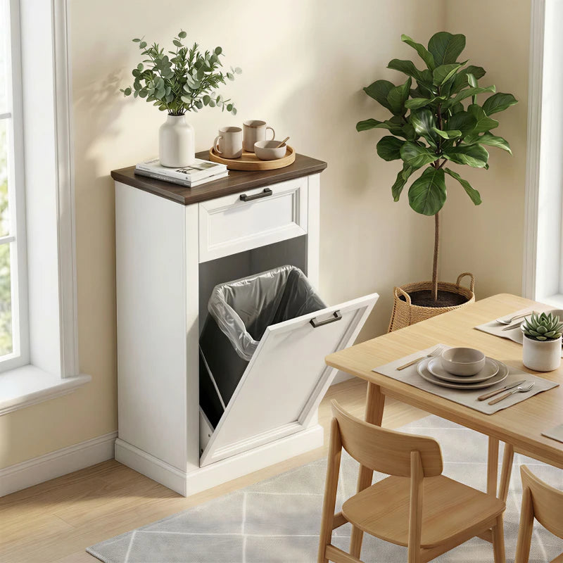 10 Gallon Trash Can Cabinet with Drawer, Farmhouse Tilt Out Garbage Cabinet Laundry Hamper, White Wood Effect