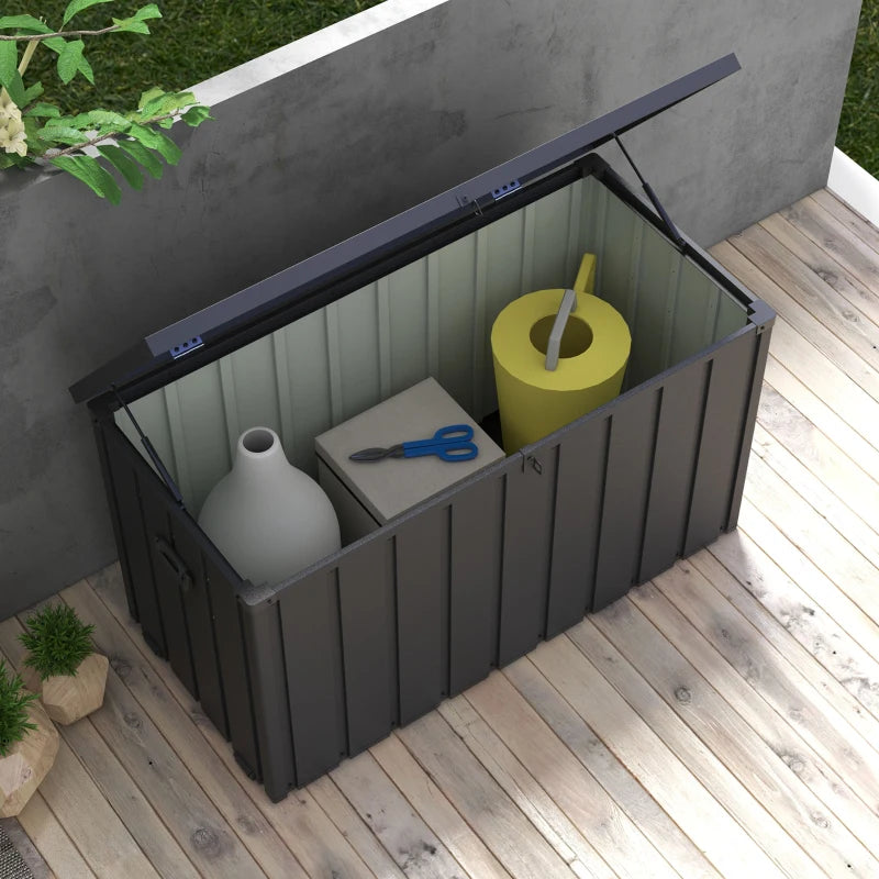 119 Gallon Deck Box, Lockable Galvanised Steel Outside Storage Container for Tools, Cushions, Dark Grey
