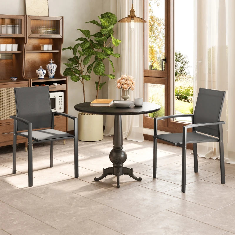 Set of 2 Outdoor Garden Chairs, Stackable Patio Dining Chairs with Breathable Fabric, Armrests and Backrest, Dark Grey