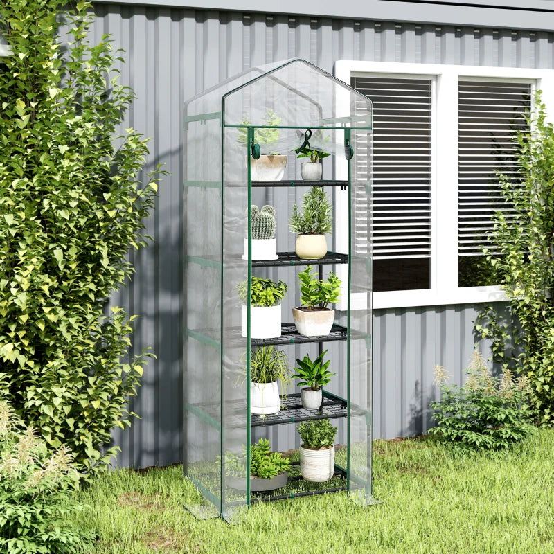 5 Tier Mini Greenhouse, Portable Outdoor Flower Stand with Shelf Clips, Indoor Greenhouse with Steel Frame, Transparent, 27.25" x 19.25" x 76", Clear