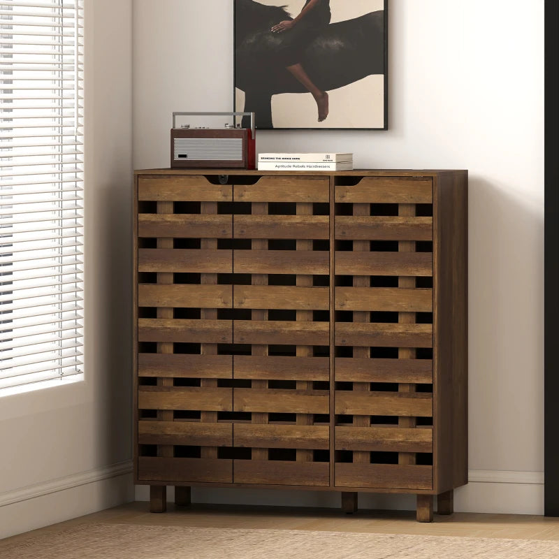 Shoe Cabinet, 20 Pair Shoe Storage Cabinet with Hollowed-Out Doors, Distressed Brown