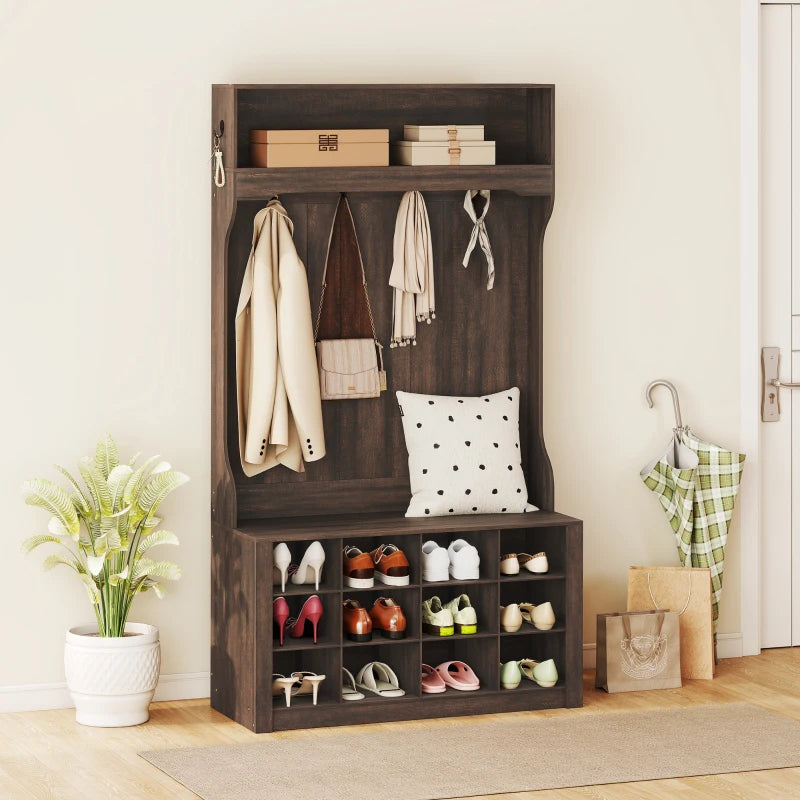 4-In-1 Hall Tree with Bench and Shoe Storage, Farmhouse Coat Rack Shoe Bench with 12 Shoe Cubbies, 6 Hooks, Dark Brown