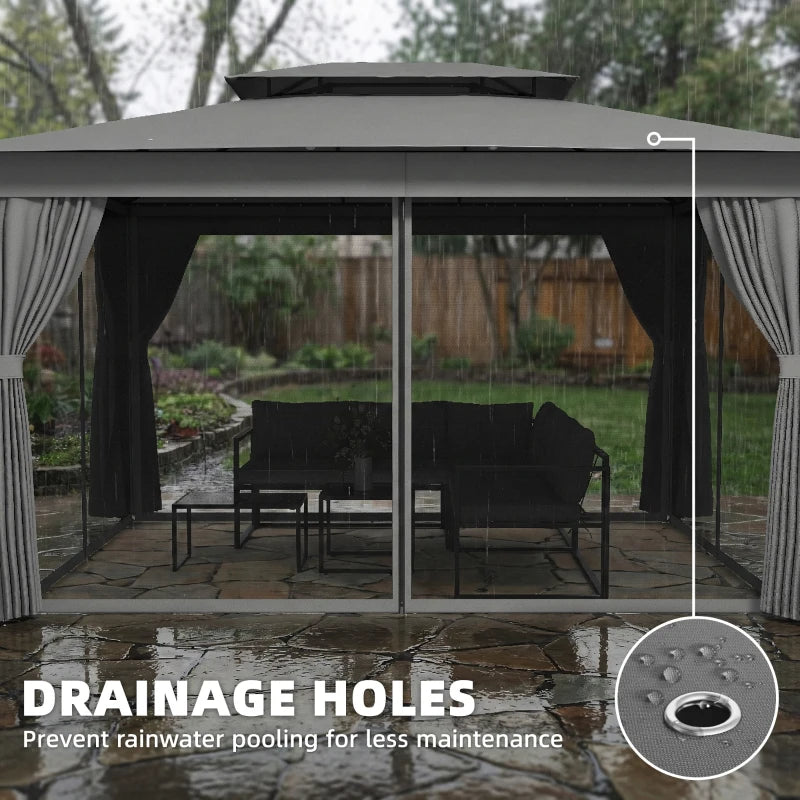 10' x 12.5' Outdoor Gazebo with Curtains and Netting, Double Roof Metal Patio Gazebo Canopy Shelter with Hook, Dark Grey