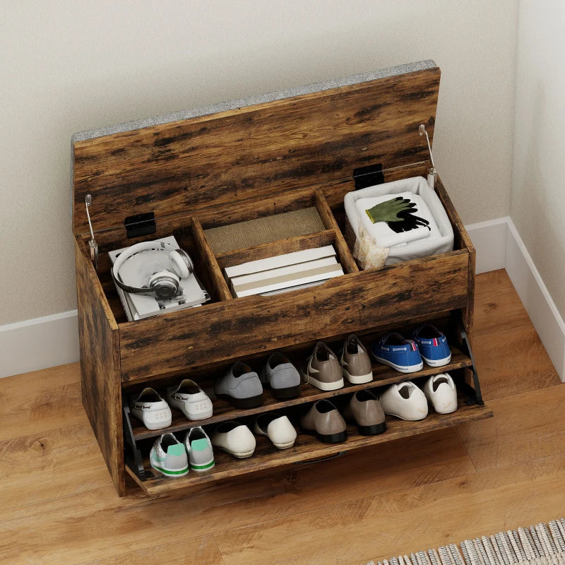 Shoe Storage Bench with Flip Drawer and Lift Top Storage, Entryway Bench with Seat Cushion for Hallway, Rustic Brown