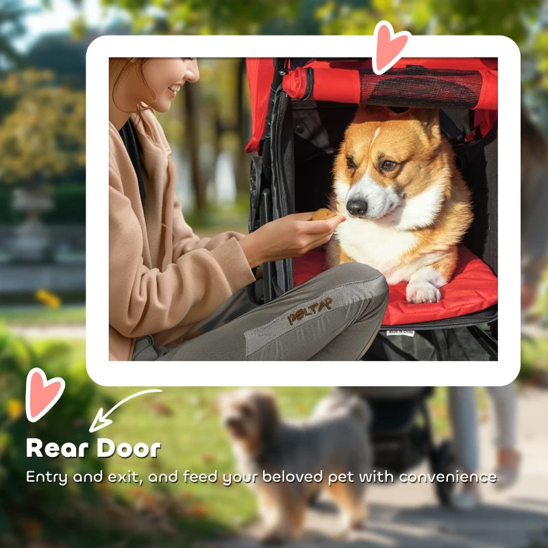 3 Wheel Folding Dog Stroller, Travel Carrier with Adjustable Canopy, Storage Brake, Mesh Window for S&M Dogs, Red