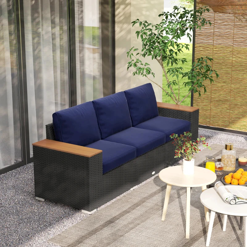 3-Seater Outdoor Sofa Couch, PE Wicker Patio Sofa with Cushions, Wood Grain Armrests, Dark Blue