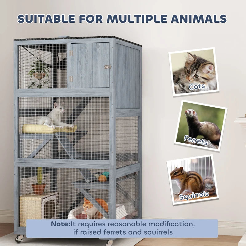66"H Catio Outdoor Cat Enclosure on Wheels with Hammock Multiple Platforms Resting Condo Ramps for 1-3 Cats, Grey