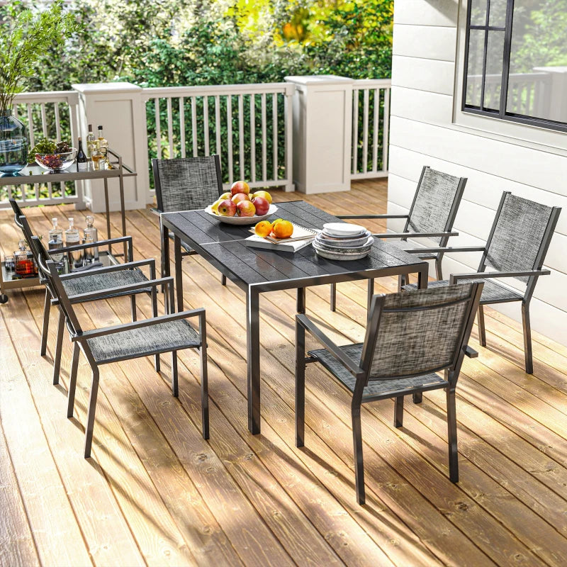 7 Piece Outdoor Dining Set with 6 Stackable Chairs, Rectangle Table, WPC Slatted Top, Rust-Resistant Steel Frame