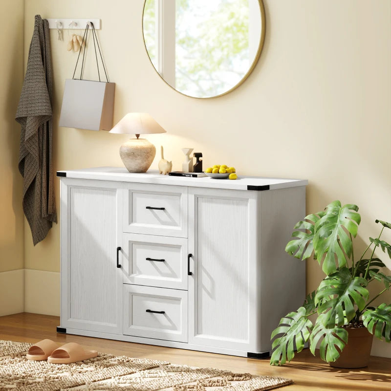 Sideboard with 3 Drawers and 2 Doors, 47" Buffet Cabinet with Adjustable Shelves for Kitchen, White Wood Grain