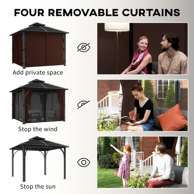 10' x 10' Hardtop Gazebo with 7mm Double Polycarbonate Roof, Outdoor Gazebo with Netting and Curtains, Coffee