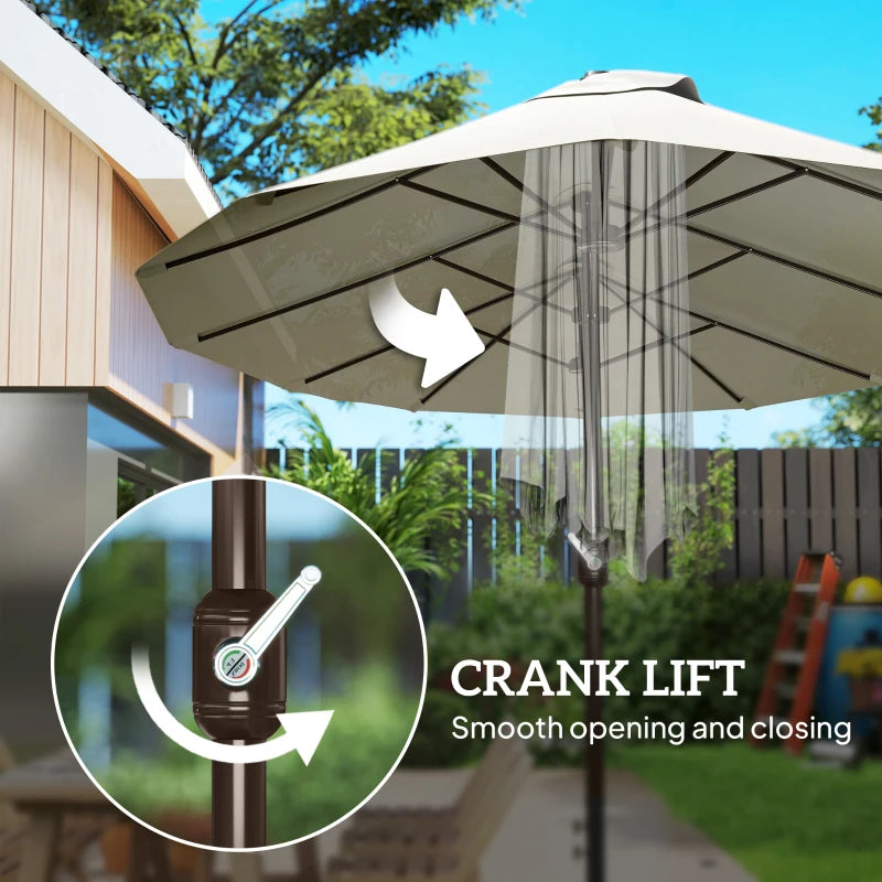 15' Outdoor Patio Umbrella with Twin Canopy Sunshade Steel Table Umbrella w/ Lift Crank, Cross base, Sandbag, Cream