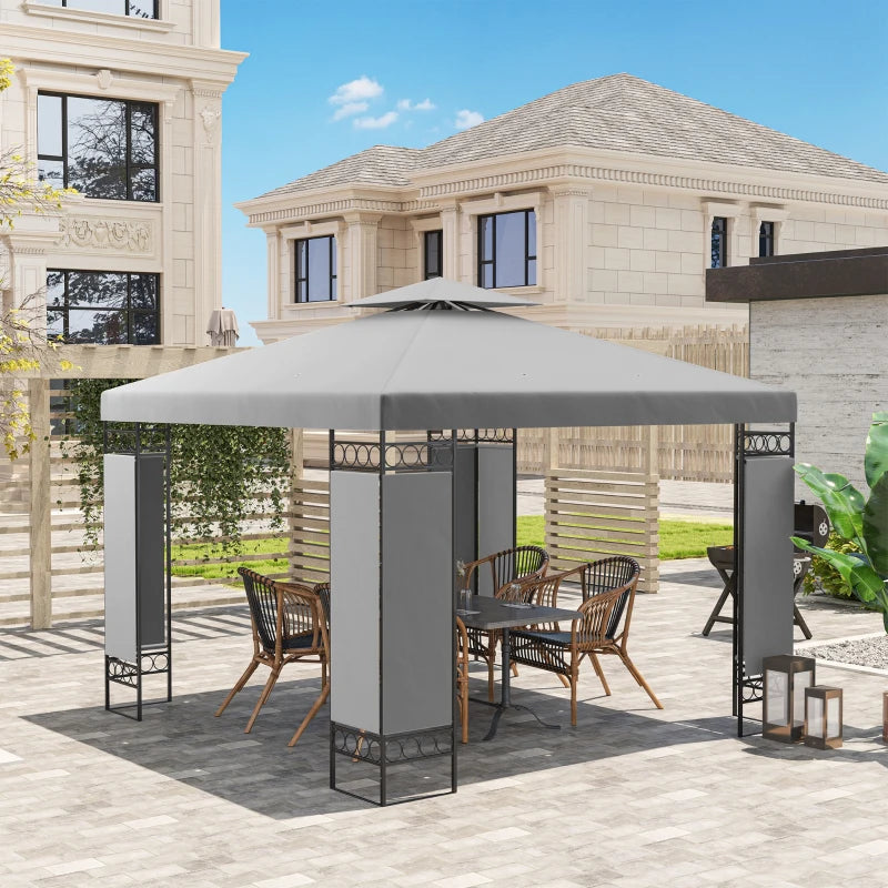 10 x 10 FT Canopy Gazebo, Double Roof Patio Gazebo with Screen Panels and Metal Frame for Deck, Backyard, Light Grey