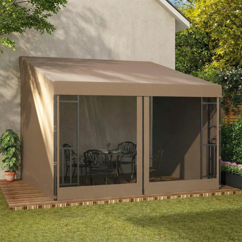 10' x 10' Wall Pergola, Outdoor Gazebo with 2 Curtains and 2 Nettings, UV Resistant, for Patio, Deck, Khaki