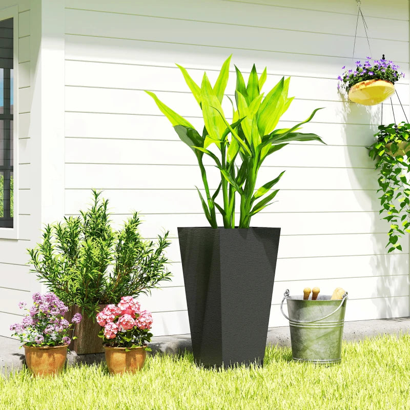23" Tall Planters Set of 2, Indoor Outdoor Stackable Taper Planters with Marble Finish and Drainage Holes, Black