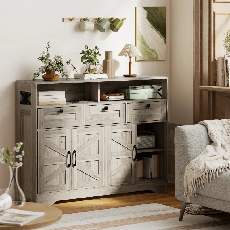 Sideboard, Buffet Cabinet with 4 Barn Doors and 3 Drawers, Coffee Bar Cabinet with Adjustable Shelves, Grey