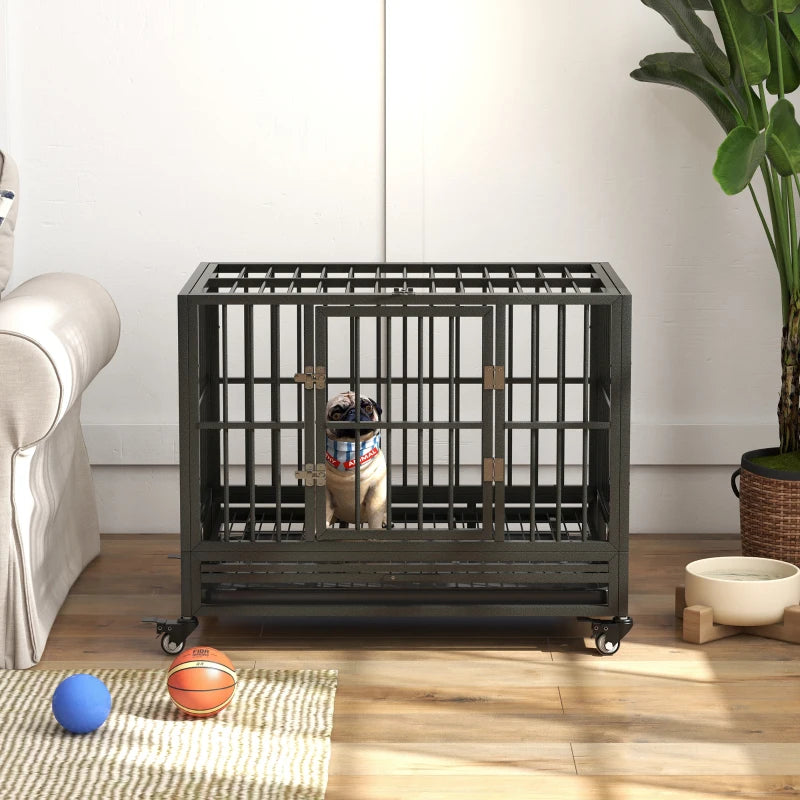 36" Heavy Duty Steel Dog Crate Kennel Pet Cage with Wheels for Convenient Access Anti-Pinching Floor, Grey