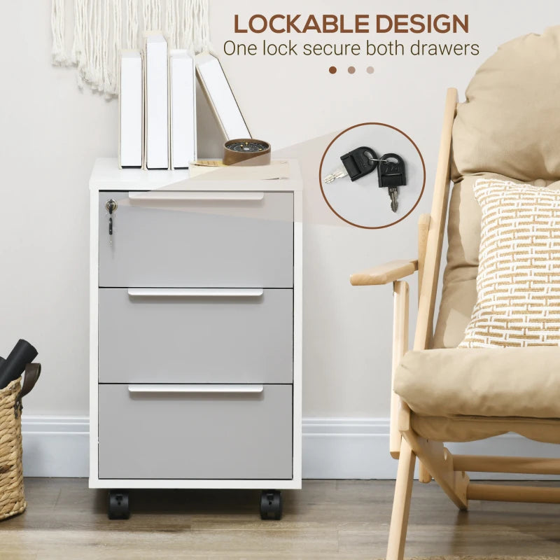 3 Drawer File Cabinet with Wheels, Vertical Filing Cabinet with Lock, Grey