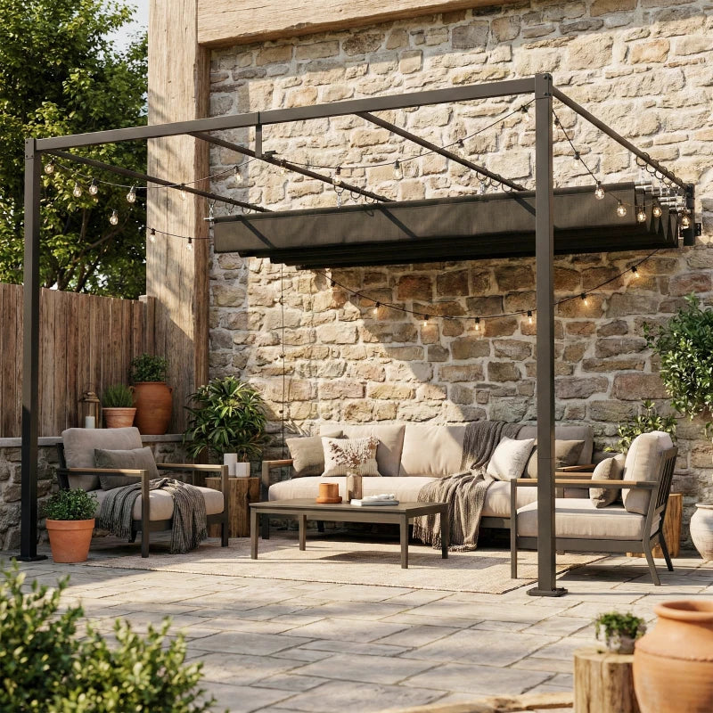 10' x 10' Retractable Pergola Canopy, Wall-Mounted Pergola, Outdoor Sun Shade Shelter for Garden, Balcony, Dark Grey