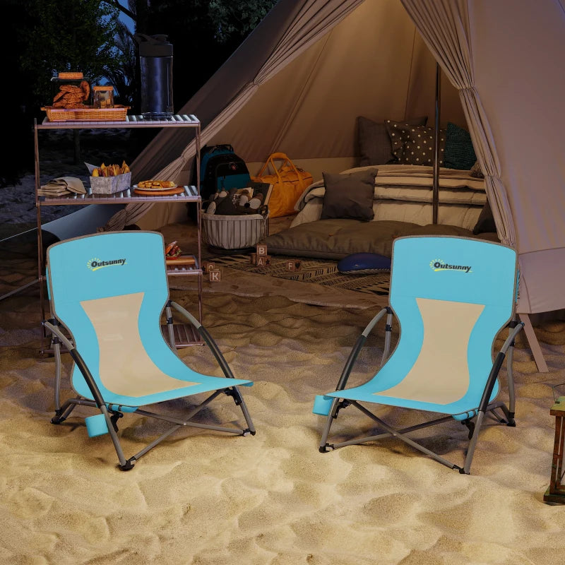 Set of 2 Folding Beach Chairs with Mesh Back, Carry Bag and Cup Holder for Outdoor Camping Lawn, 22.8" x 21.7" x 24.4"