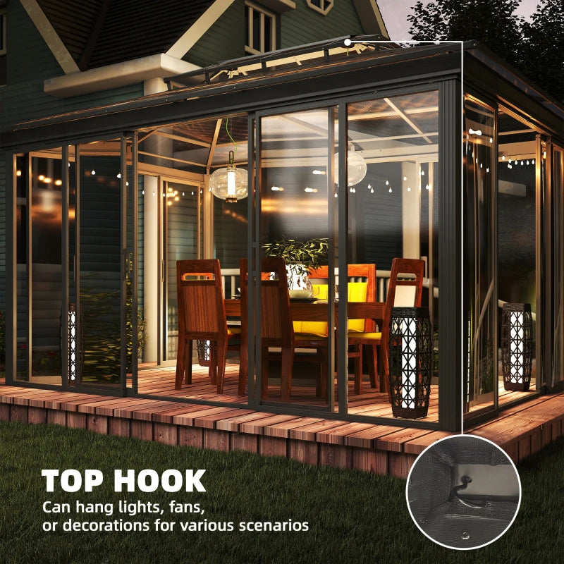 10' x 14' Outdoor Hardtop Gazebo, Aluminum Sun Room Solarium with Sliding Doors, Double Roof Patio Gazebo, Dark Grey