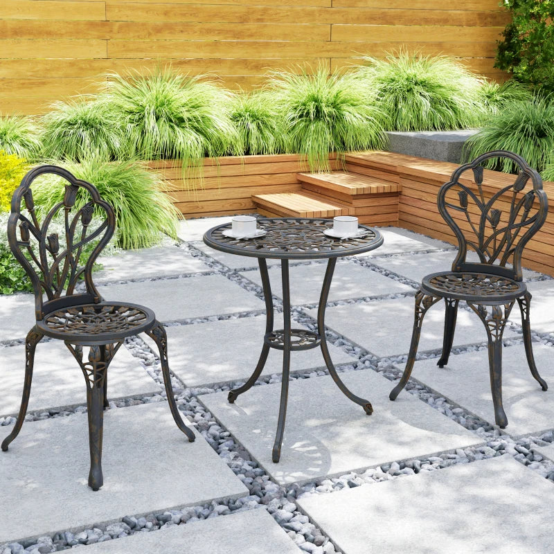 3PCs Patio Bistro Set, Outdoor Cast Aluminum Garden Table and Chairs with Umbrella Hole for Balcony, Bronze