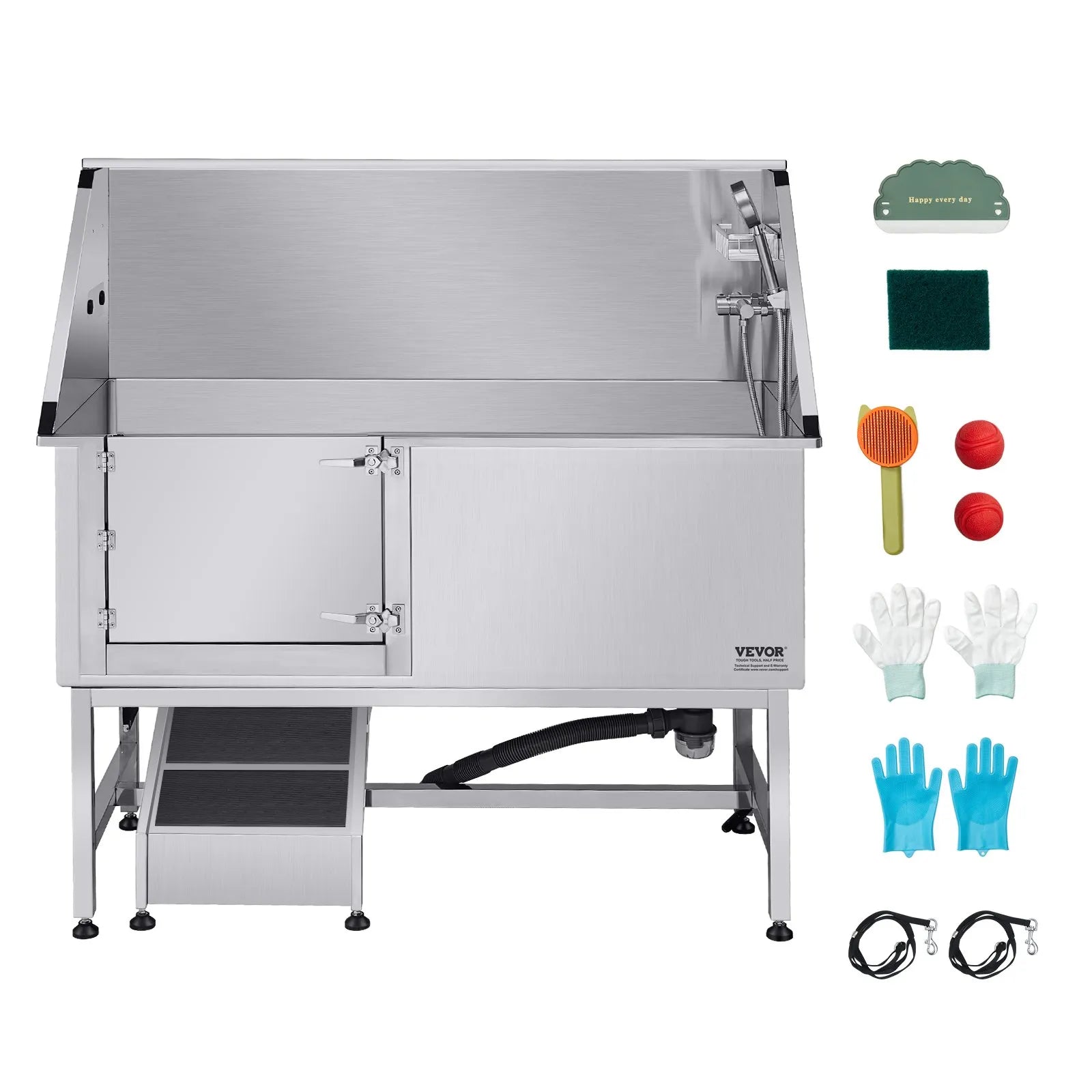 VEVOR 62 Inch Dog Grooming Bath Tub Stainless Steel w Ramp Water Filter Left