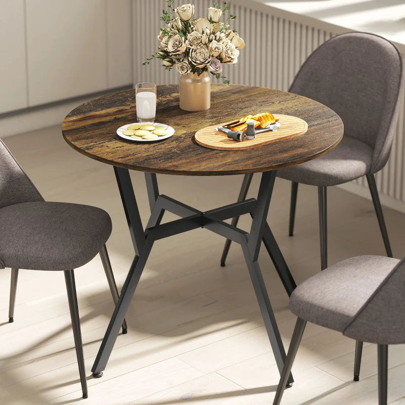 35" Round Dining Table, Modern Dining Room Table with Steel Frame, Space Saving Small Kitchen Table, Rustic Brown