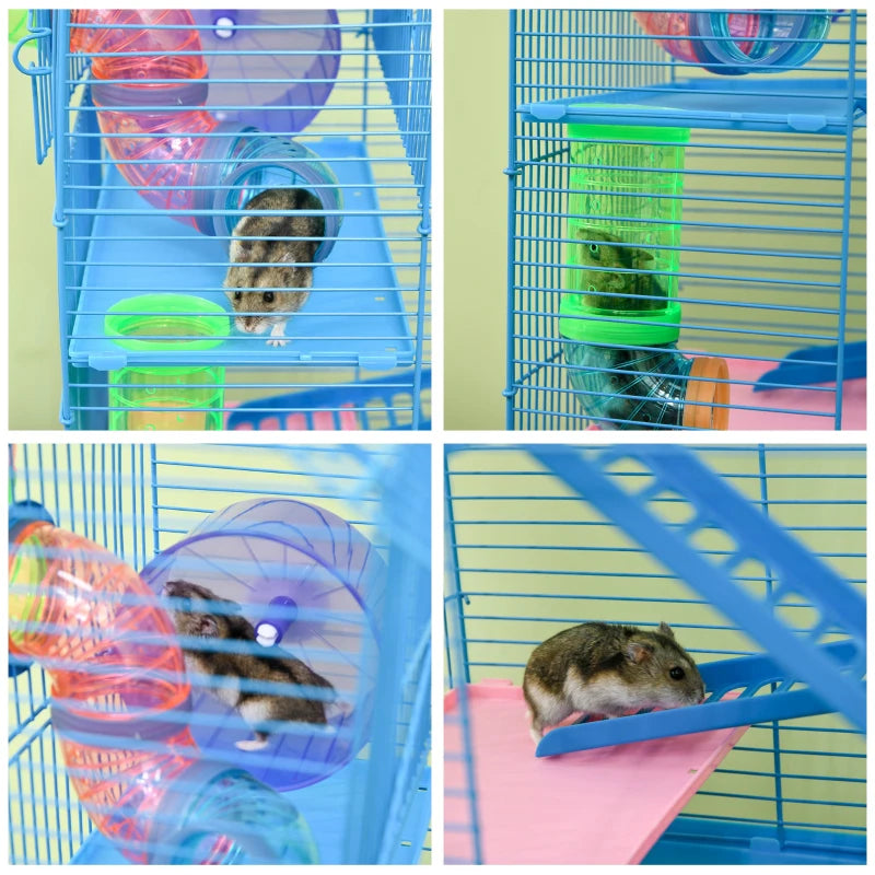 18.5" Hamster Cage, 5 Tiers Small Animal House with Tunnel Tube System, Exercise Wheel, Water Bottle, Blue