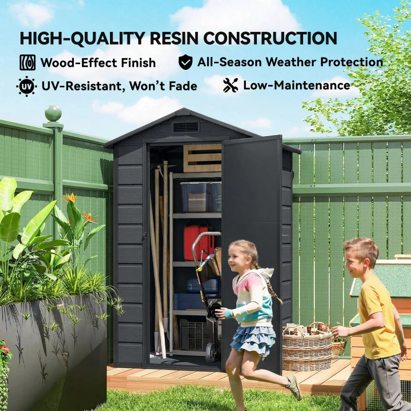 4' x 3' Plastic Garden Shed with Floor, Outdoor Small Shed with Lockable Door, Window and Vent, Dark Grey
