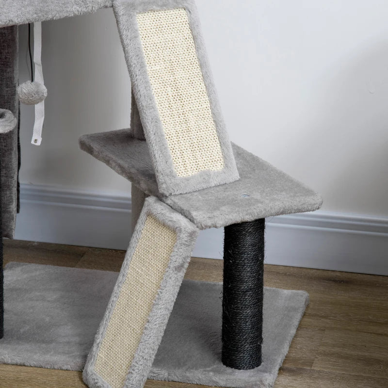47" Cat Tree for Indoor Cats, Kitty Activity Center, Cat Tower with Cat Ear Bed Ramp Condo Hammock Hanging Ball Toys Sisal Rope Scratching Post, Light Grey
