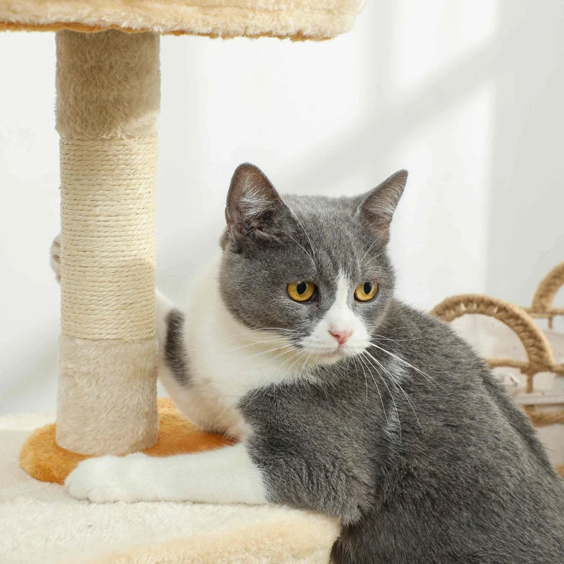 28" Cat Tree Tower with Plush Top Bed, Cozy Condo, Sisal Scratching Post, Perch, Dangling Ball, Beige and Yellow