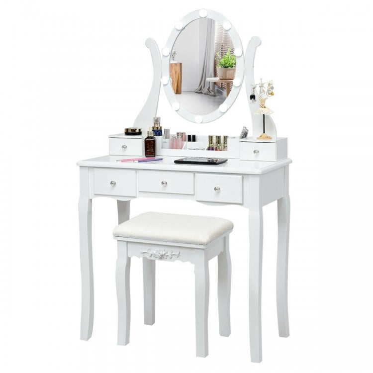10 Dimmable Lights Vanity Table Set with Lighted Mirror and Cushioned Stool-White