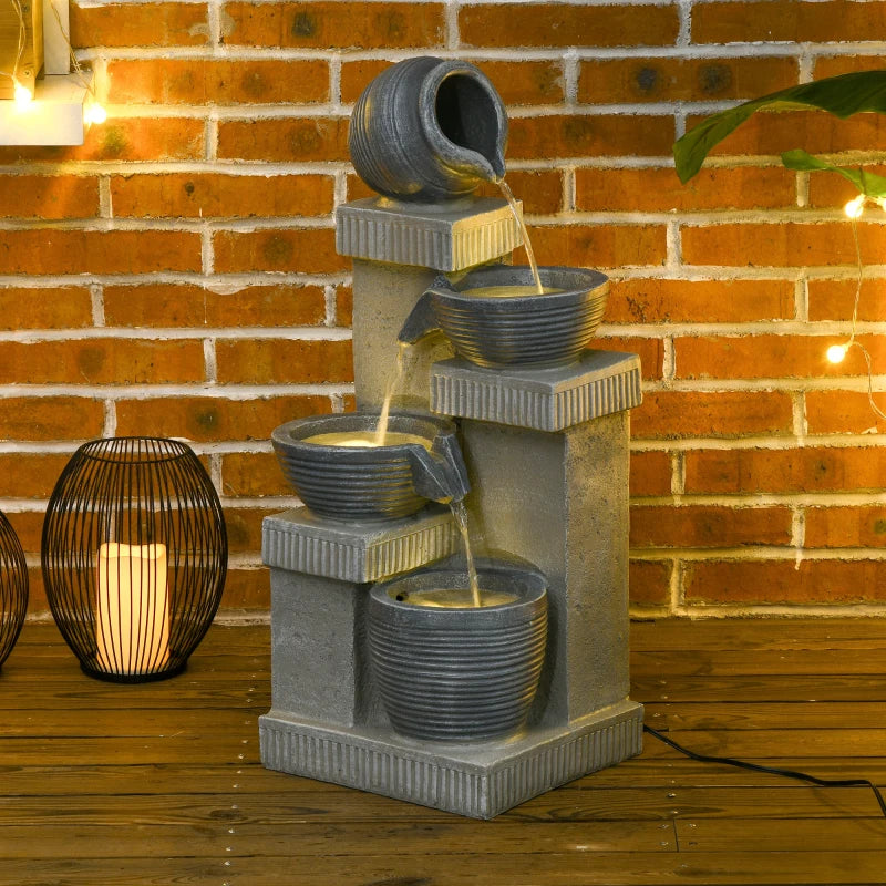 4-Tiered Outdoor Jar and Bowls Water Fountain with LED Lights, Adjustable Flow, 26.4-inch Resin Waterfall Fountain