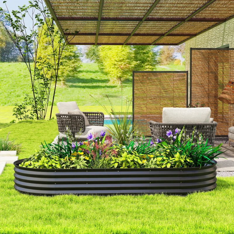 7' x 3' x 1' Large Outdoor Planter Box, Galvanized Raised Garden Bed with Metal Plant Stake, Black